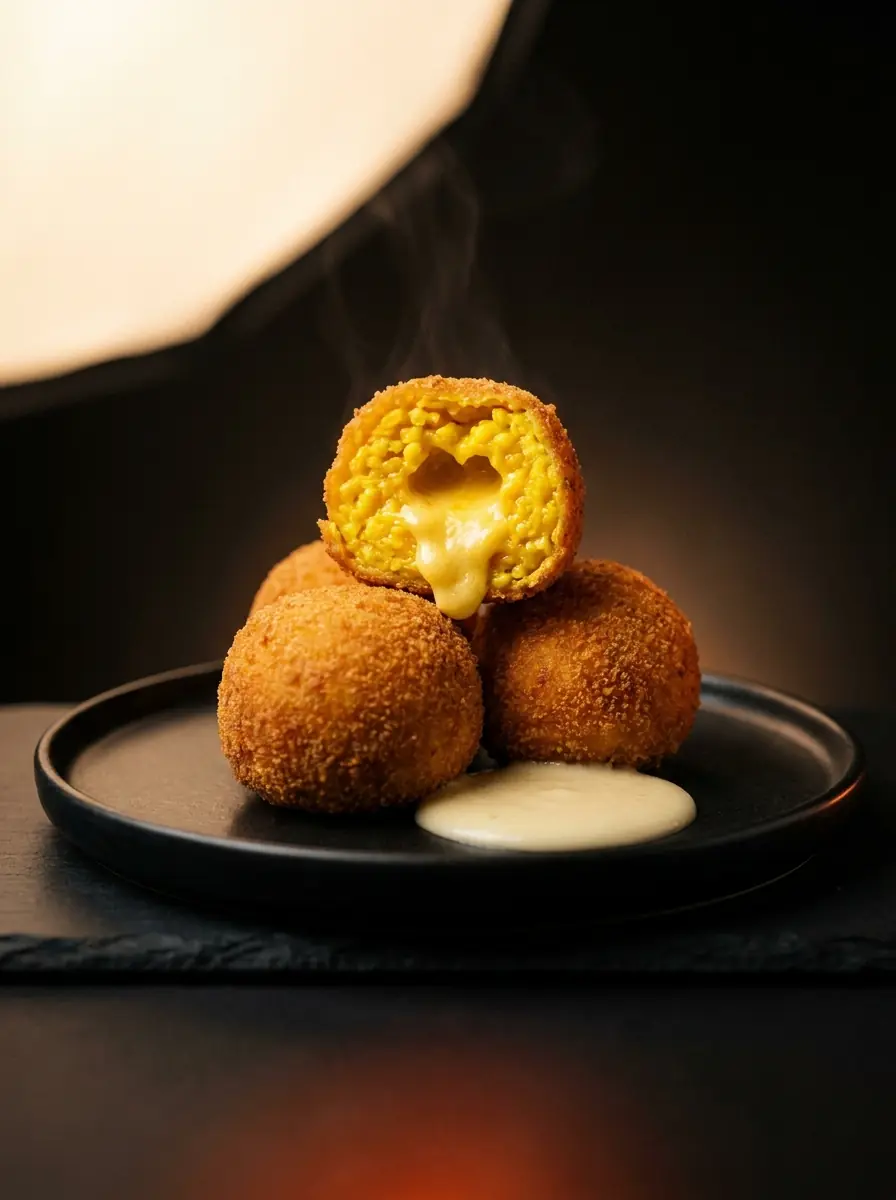 Three golden fried arancini on a dark plate