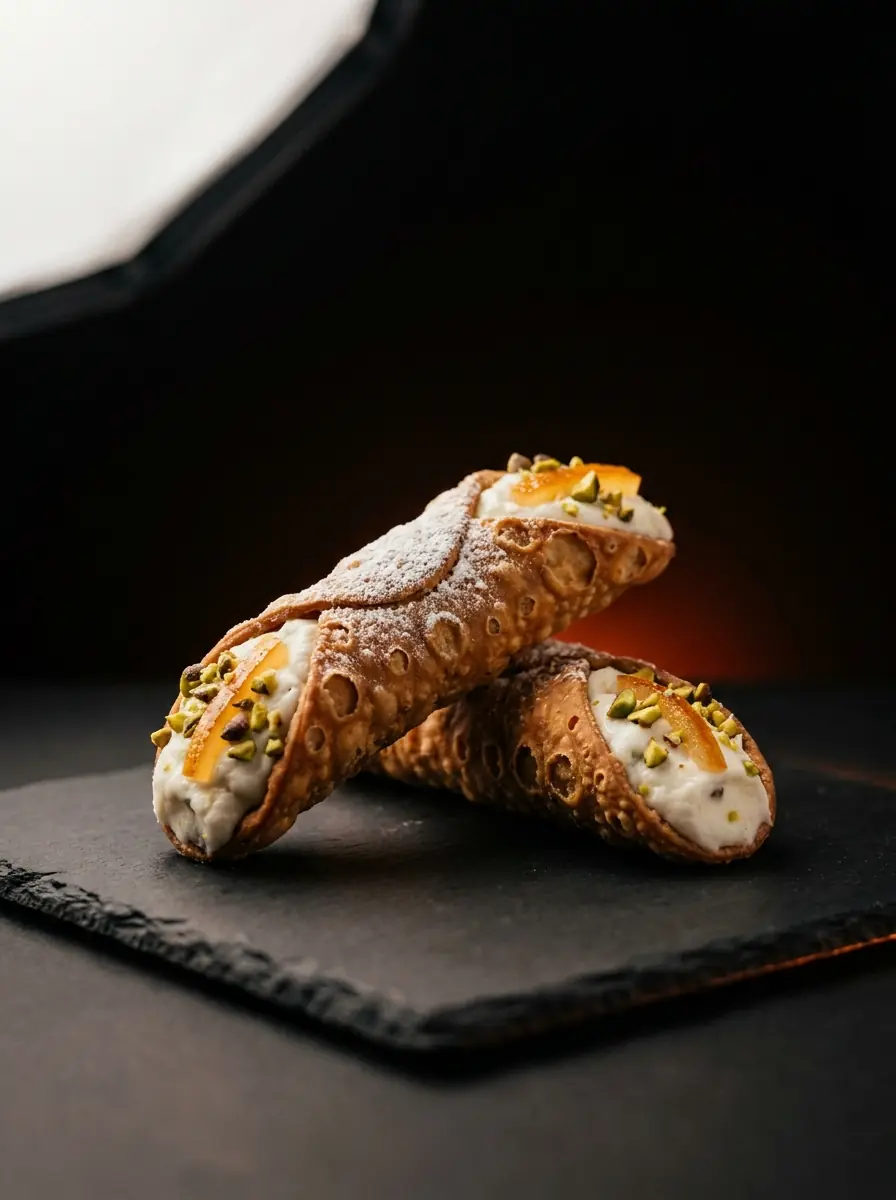 Two cannoli on slate