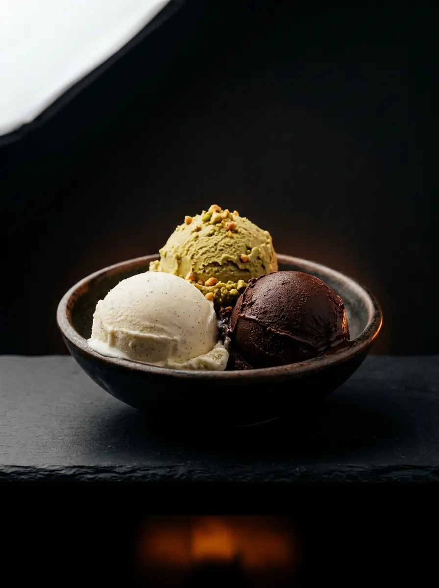 Three scoops of gelato in a dark bowl