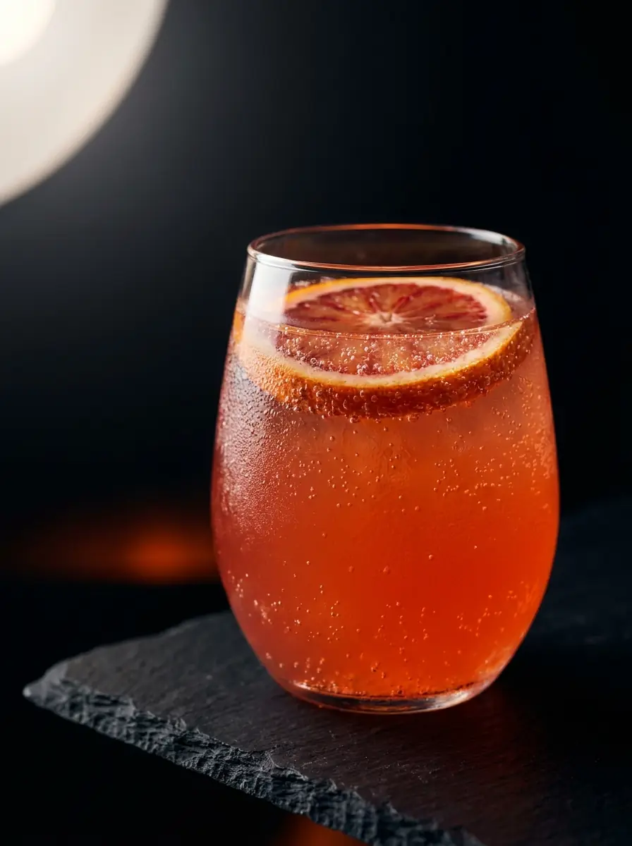 Blood orange spritz in a stemmed glass