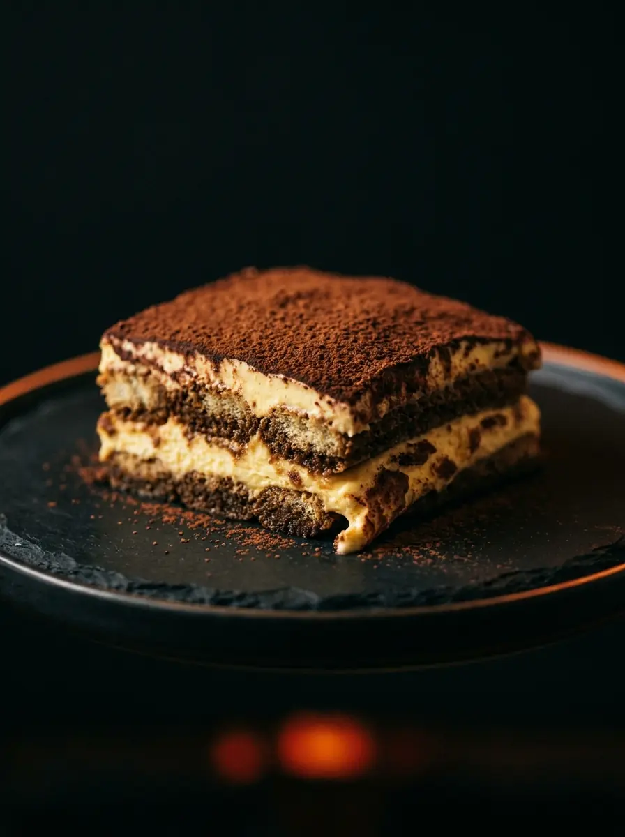 A slice of tiramisu dusted with cocoa